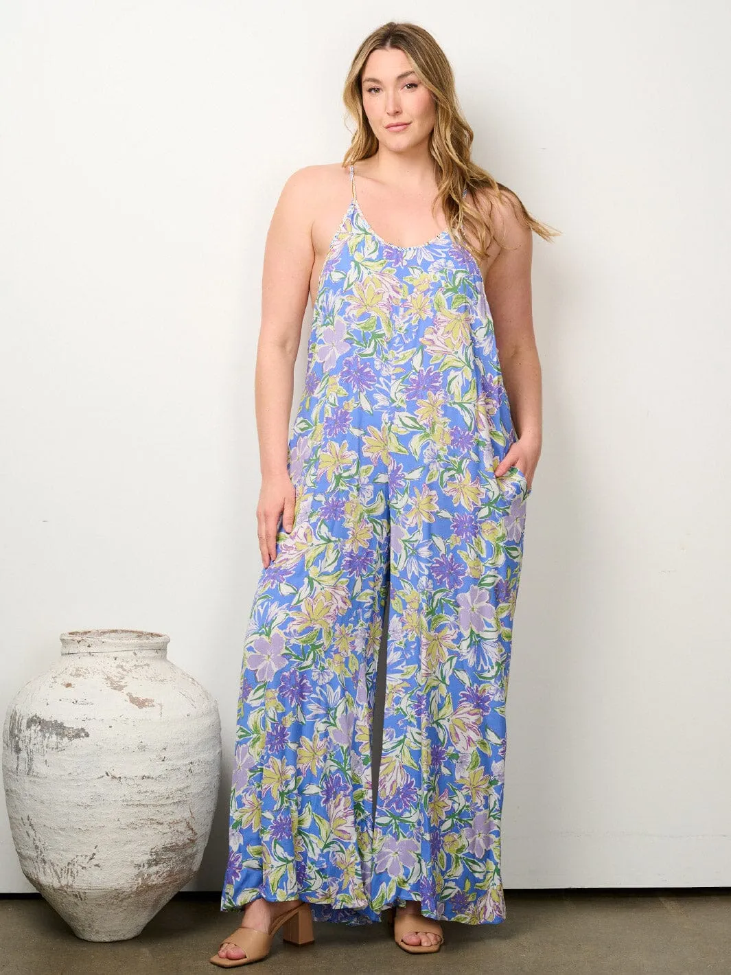 PLUS SIZE SLEEVELESS POCKETS V-NECK FLORAL WIDE LEG JUMPSUIT