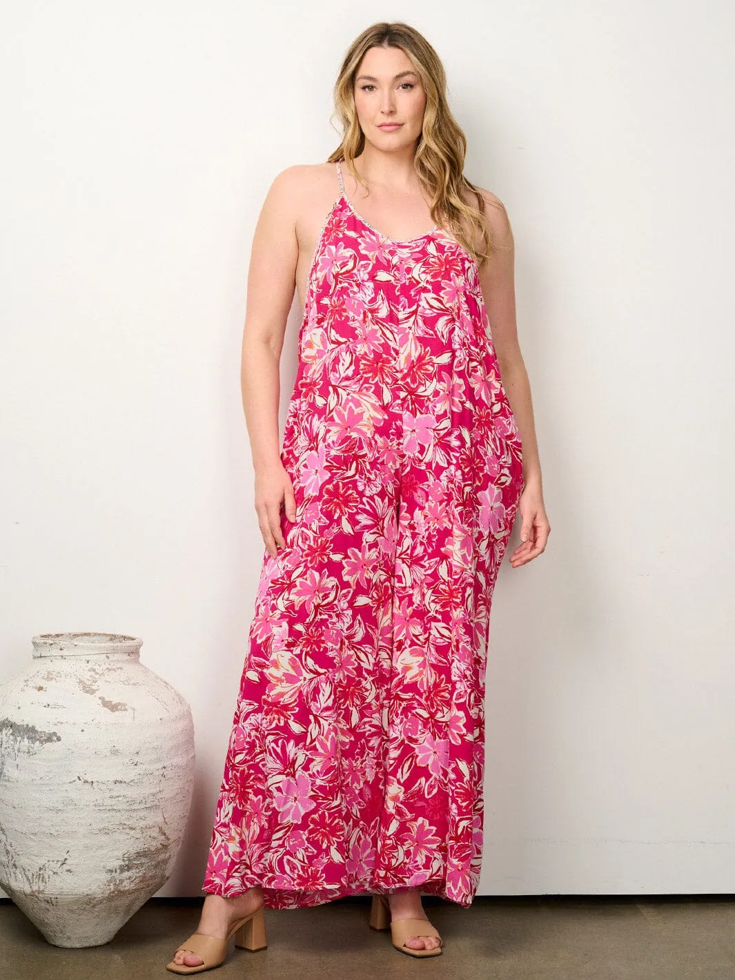 PLUS SIZE SLEEVELESS POCKETS V-NECK FLORAL WIDE LEG JUMPSUIT