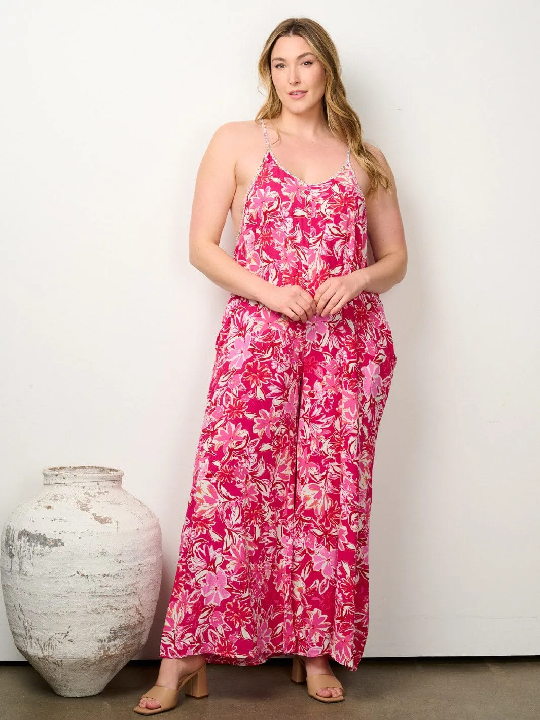 PLUS SIZE SLEEVELESS POCKETS V-NECK FLORAL WIDE LEG JUMPSUIT