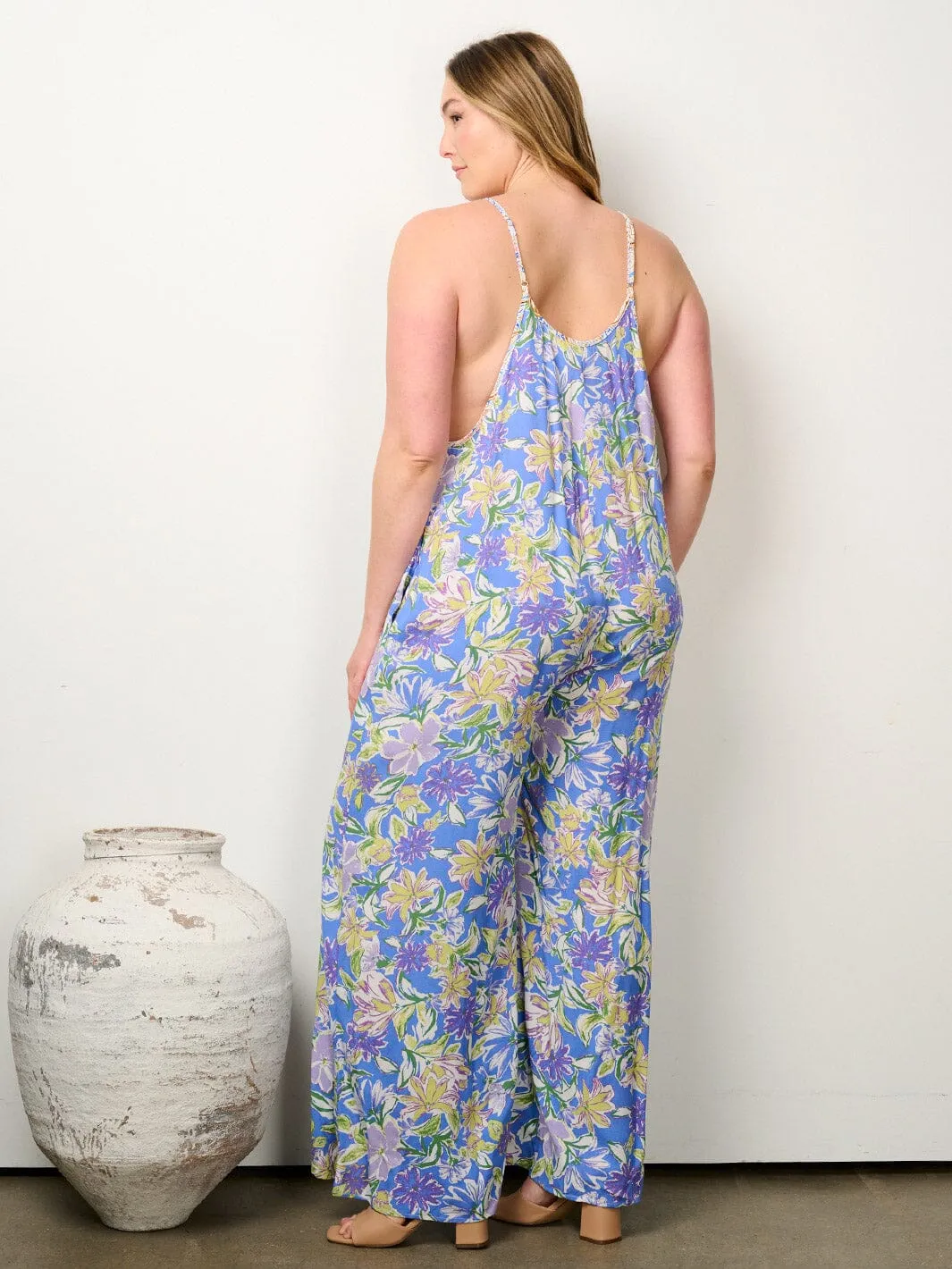 PLUS SIZE SLEEVELESS POCKETS V-NECK FLORAL WIDE LEG JUMPSUIT