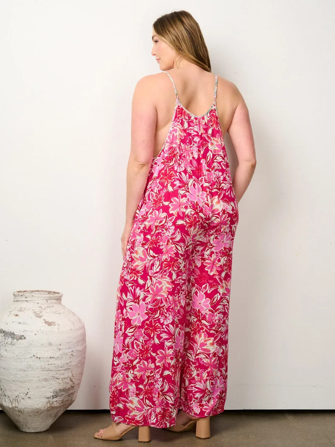 PLUS SIZE SLEEVELESS POCKETS V-NECK FLORAL WIDE LEG JUMPSUIT
