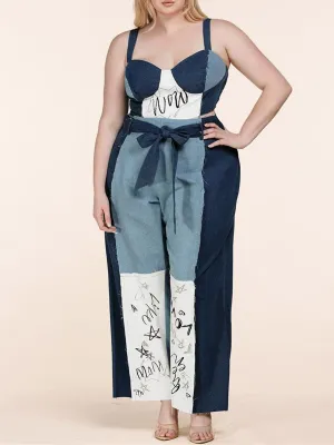 PLUS SIZE SLEEVELESS TOP & PANTS PRINTED DENIM 2PC. SET