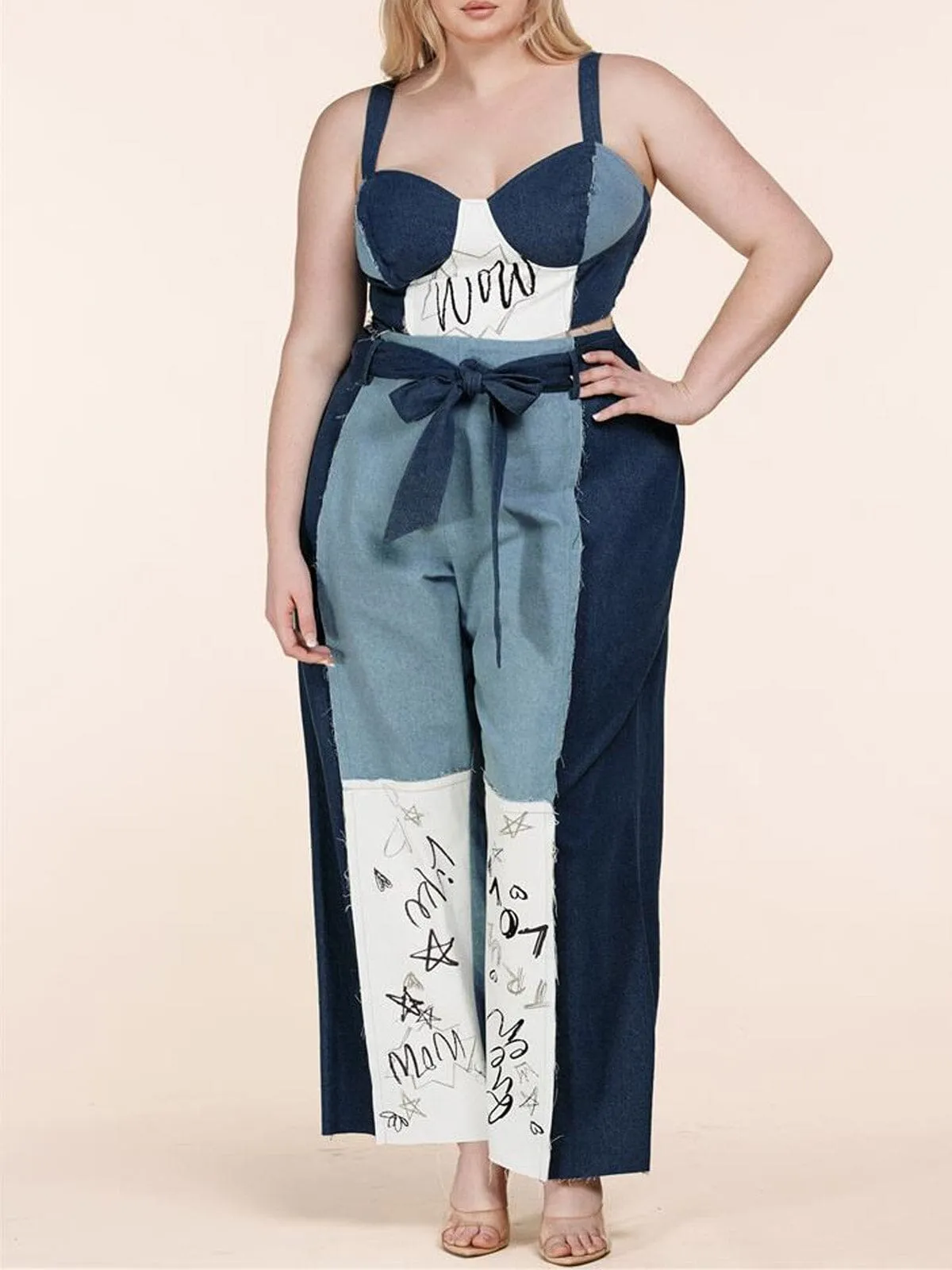 PLUS SIZE SLEEVELESS TOP & PANTS PRINTED DENIM 2PC. SET