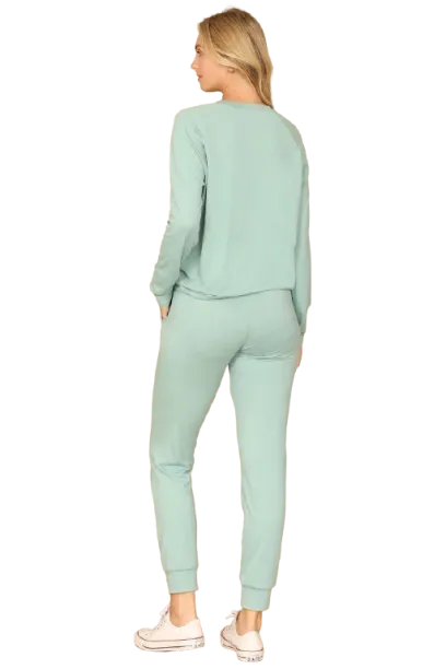 Plus Size Solid Long Sleeve Top and Joggers Set with Self Tie Aloe - Pack of 6