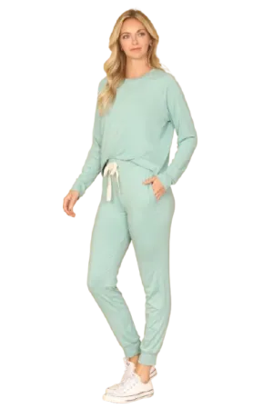 Plus Size Solid Long Sleeve Top and Joggers Set with Self Tie Aloe - Pack of 6