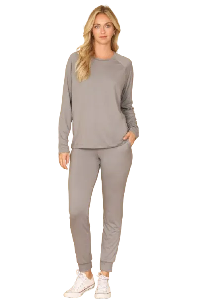 Plus Size Solid Long Sleeve Top and Joggers Set with Self Tie Silver Filigree - Pack of 6