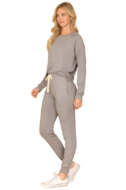 Plus Size Solid Long Sleeve Top and Joggers Set with Self Tie Silver Filigree - Pack of 6