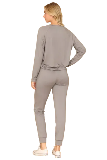 Plus Size Solid Long Sleeve Top and Joggers Set with Self Tie Silver Filigree - Pack of 6