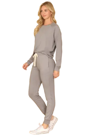 Plus Size Solid Long Sleeve Top and Joggers Set with Self Tie Silver Filigree - Pack of 6