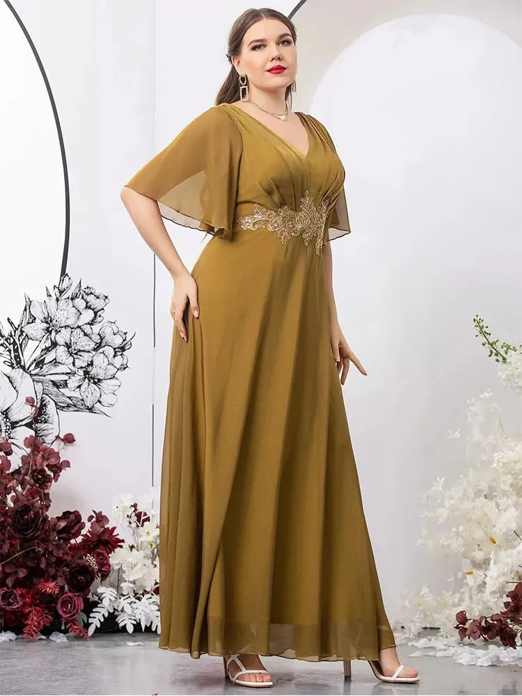 Plus Size V Neck Pleated Multicolor Chiffon Evening Dress