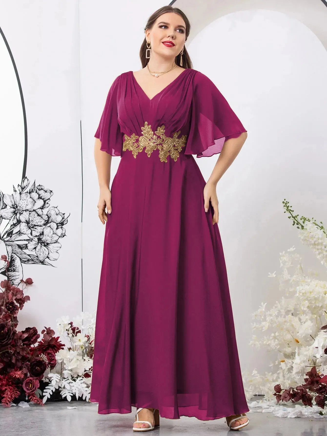 Plus Size V Neck Pleated Multicolor Chiffon Evening Dress