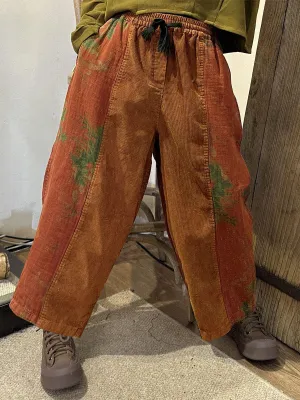 Plus Size Women Autumn 100%Cotton Flower Spliced  Pants
