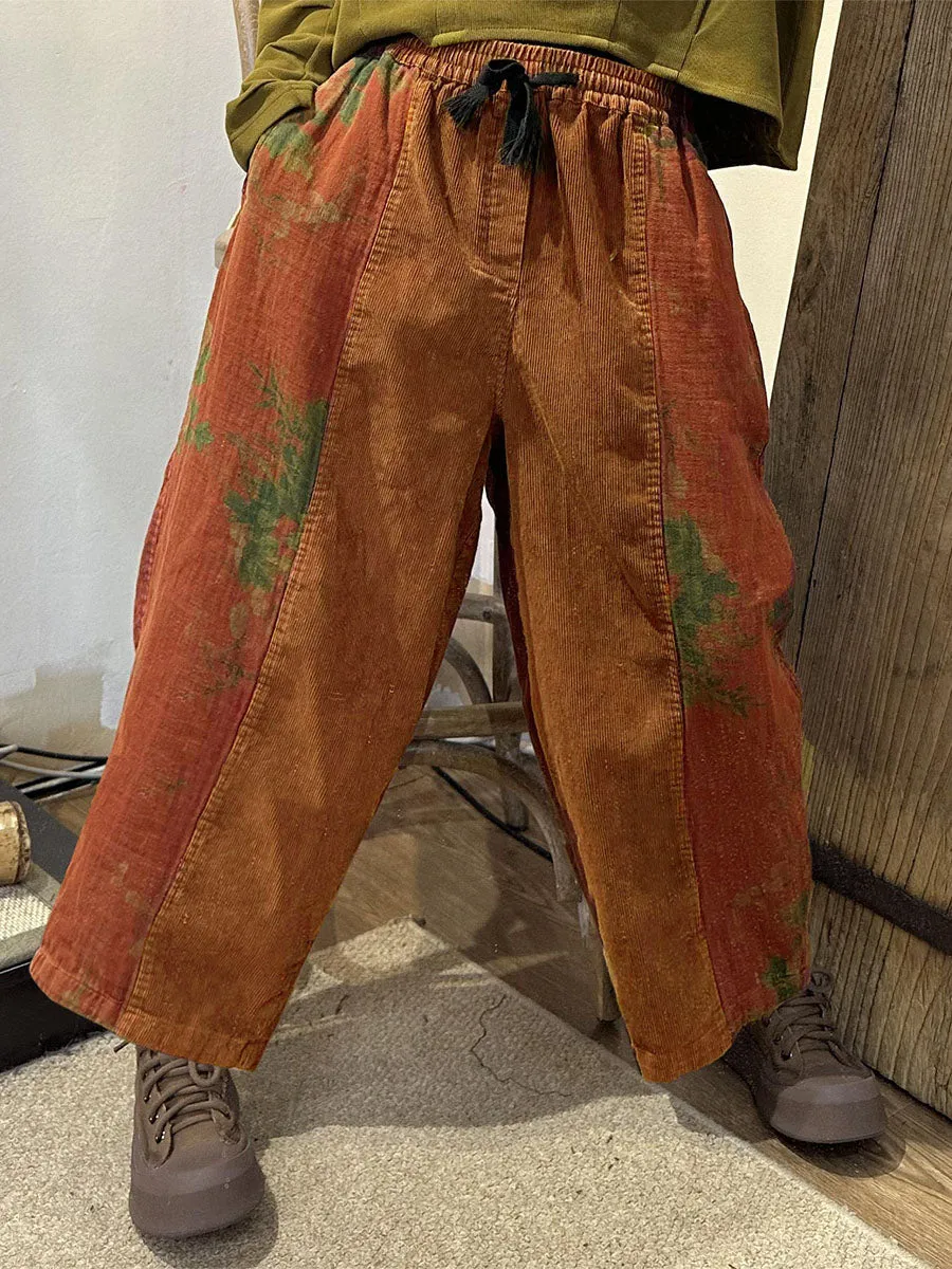 Plus Size Women Autumn 100%Cotton Flower Spliced  Pants