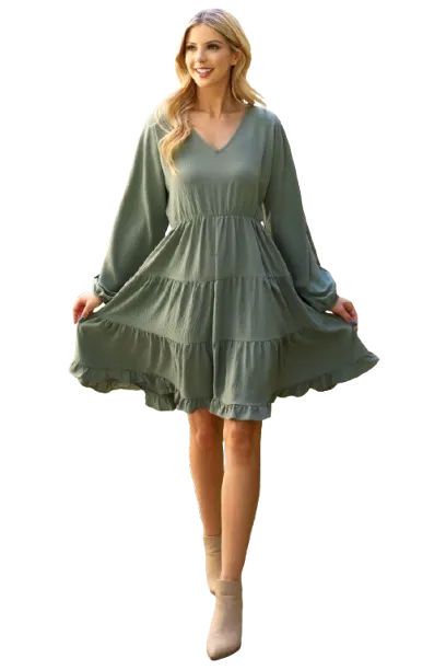 Plus Size Woven Puff Sleeve V Neck Elastic Waist Tiered Dress Olive - Pack of 6