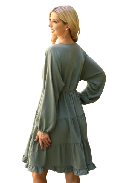 Plus Size Woven Puff Sleeve V Neck Elastic Waist Tiered Dress Olive - Pack of 6
