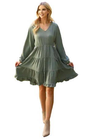 Plus Size Woven Puff Sleeve V Neck Elastic Waist Tiered Dress Olive - Pack of 6
