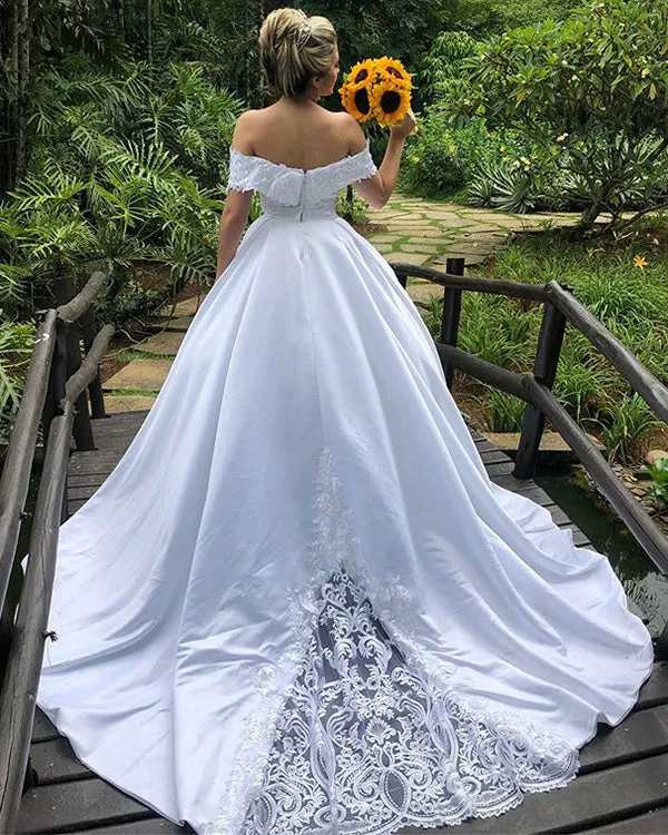 Popular Satin Ball Gown Wedding Dress with Lace Appliques Off The Shoulder 2019 Bridal Gowns
