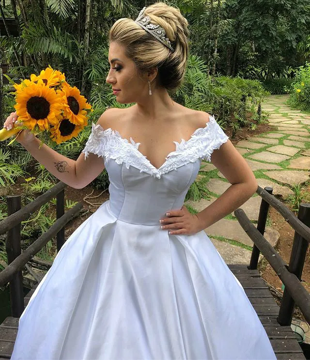 Popular Satin Ball Gown Wedding Dress with Lace Appliques Off The Shoulder 2019 Bridal Gowns