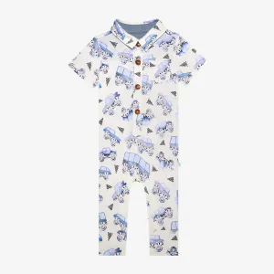 Posh Peanut Short Sleeve Collared Henley Long Baby Romper in Franklin