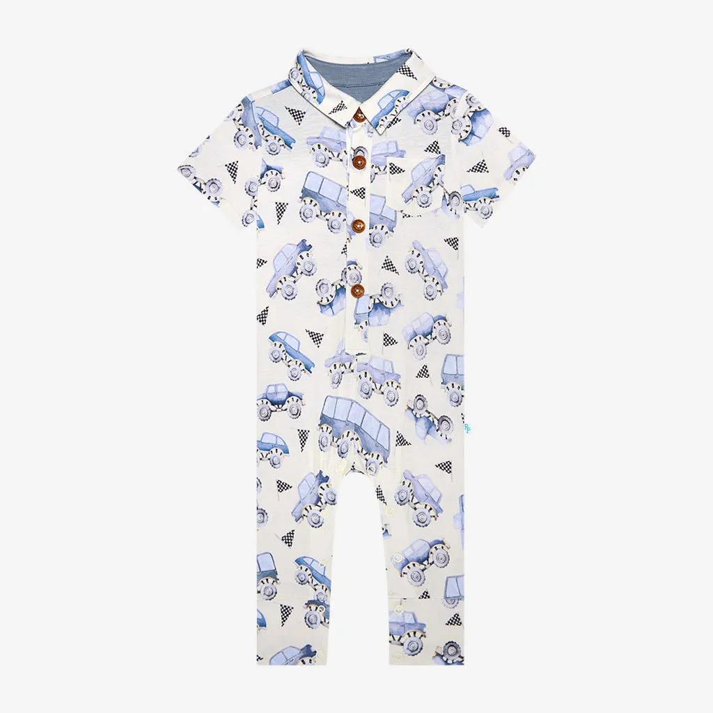 Posh Peanut Short Sleeve Collared Henley Long Baby Romper in Franklin
