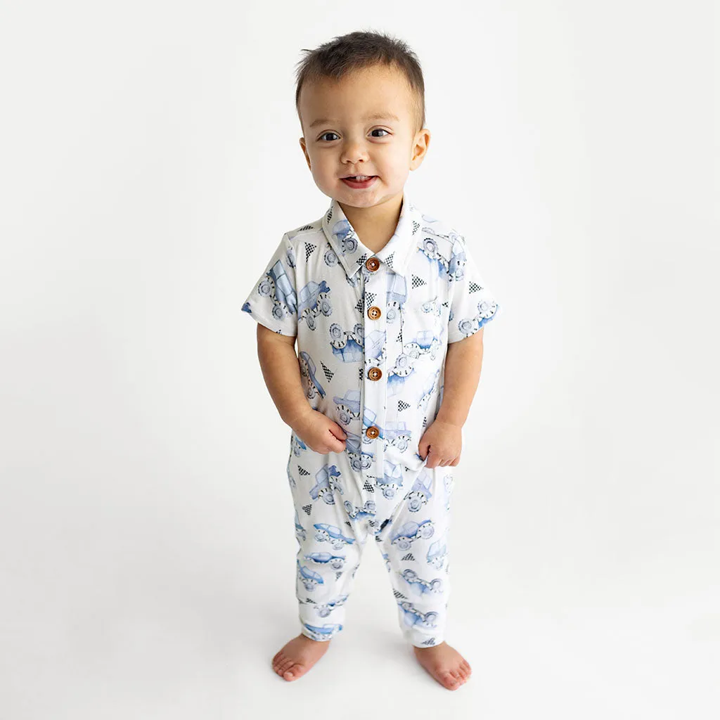 Posh Peanut Short Sleeve Collared Henley Long Baby Romper in Franklin
