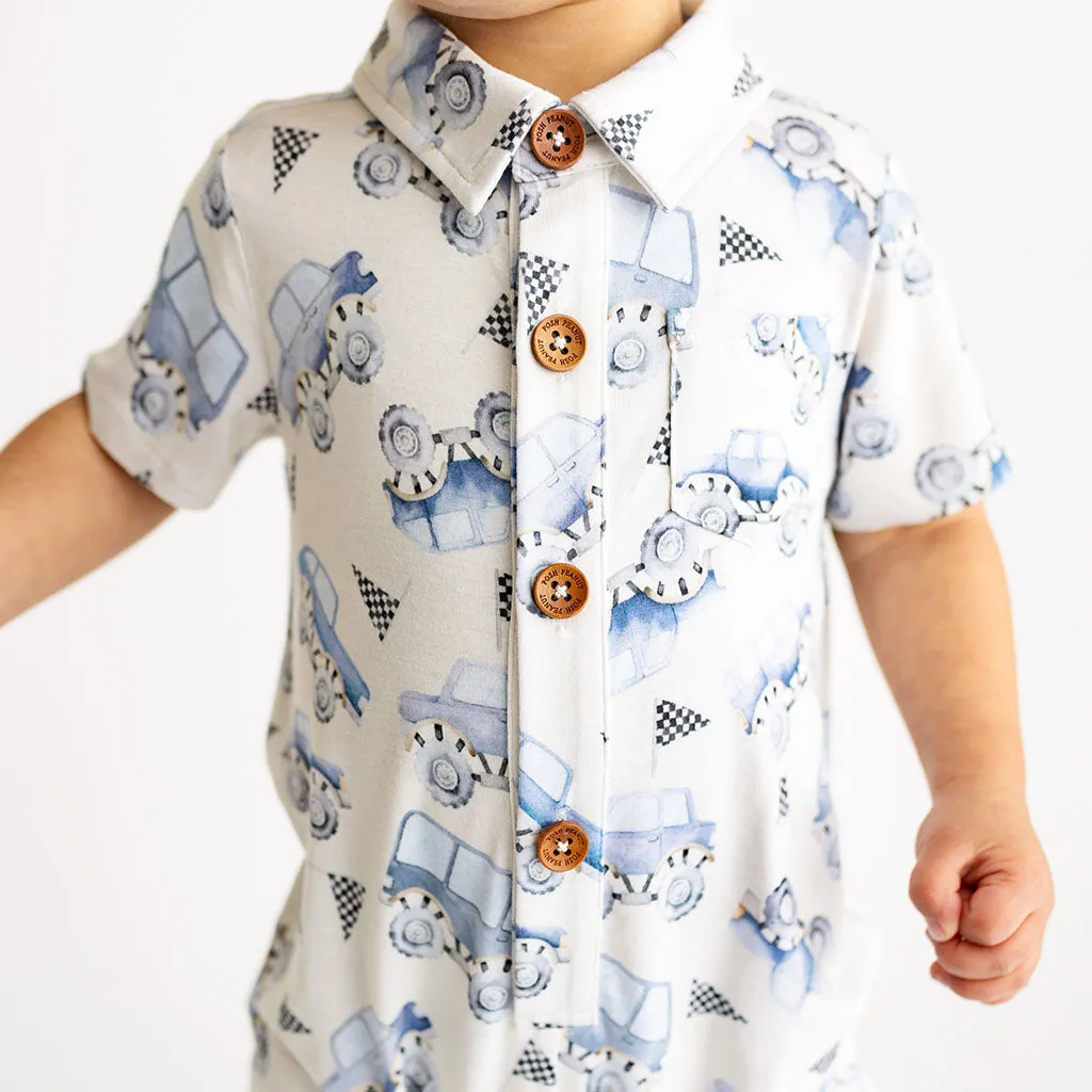 Posh Peanut Short Sleeve Collared Henley Long Baby Romper in Franklin
