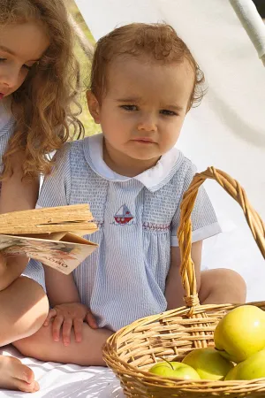 PREORDER "Saint" Blue Striped Sailboat Romper