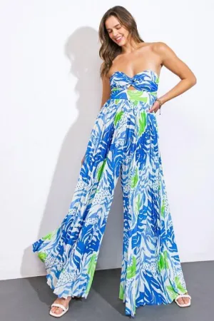 PRINTED CENTER CUT PLEATED SMOCKED BACK JUMPSUIT