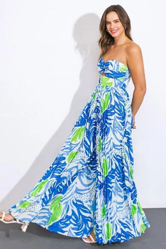PRINTED CENTER CUT PLEATED SMOCKED BACK JUMPSUIT
