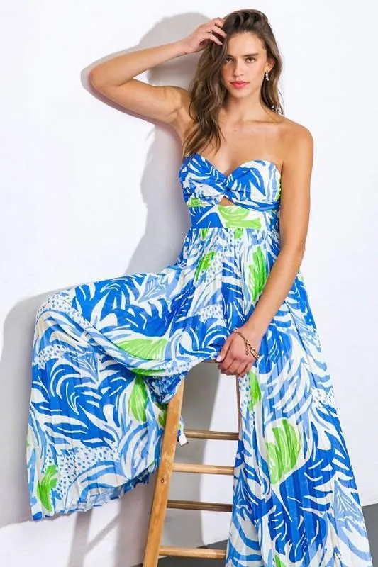 PRINTED CENTER CUT PLEATED SMOCKED BACK JUMPSUIT