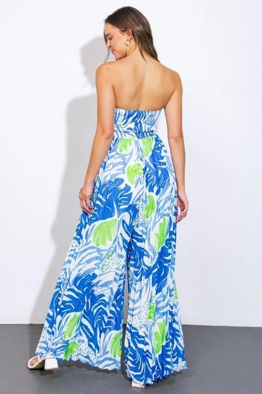PRINTED CENTER CUT PLEATED SMOCKED BACK JUMPSUIT