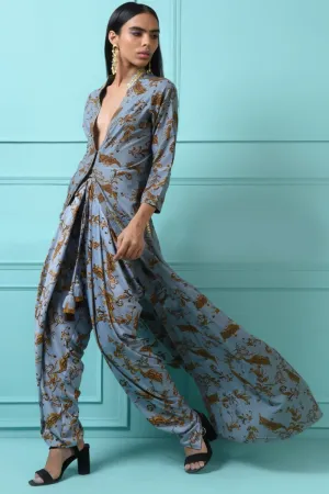 Printed long cape with jersey dhoti pants