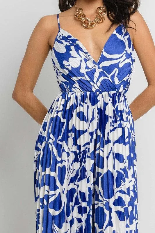 PRINTED V-NECK OPEN BACK PLEATED JUMPSUIT
