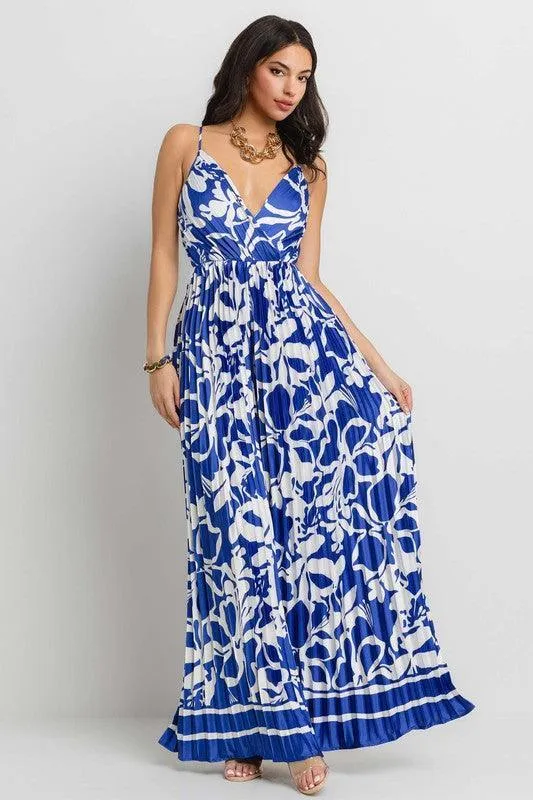 PRINTED V-NECK OPEN BACK PLEATED JUMPSUIT