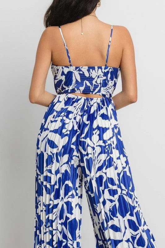 PRINTED V-NECK OPEN BACK PLEATED JUMPSUIT