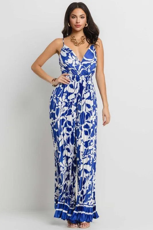 PRINTED V-NECK OPEN BACK PLEATED JUMPSUIT