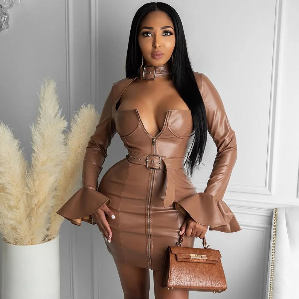 PU Faux Leather Dress with Belt Elegant Long Flare Sleeve Zipper