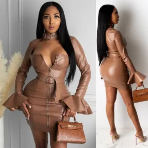 PU Faux Leather Dress with Belt Elegant Long Flare Sleeve Zipper