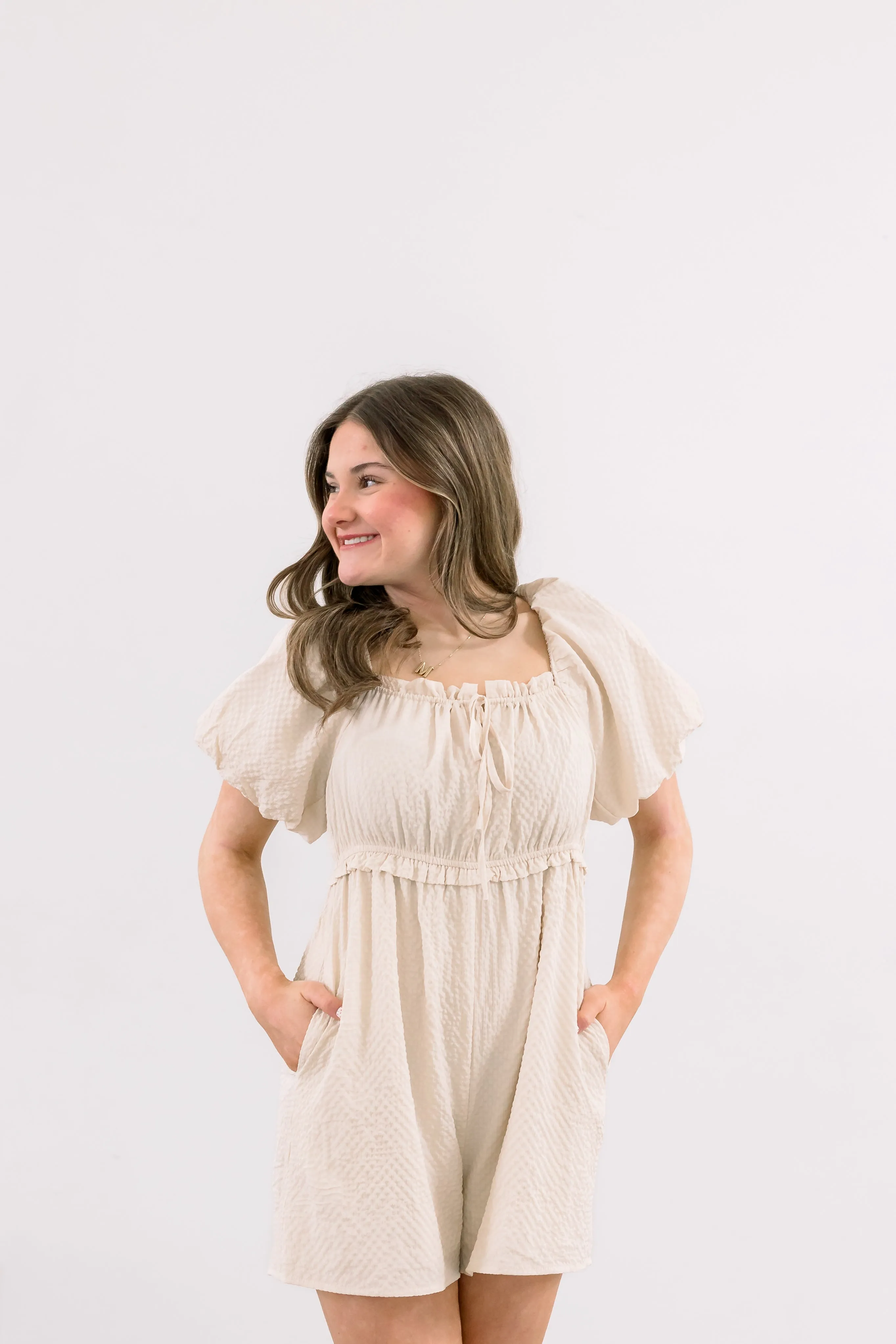 Puff Sleeve Babydoll Romper (Ivory)