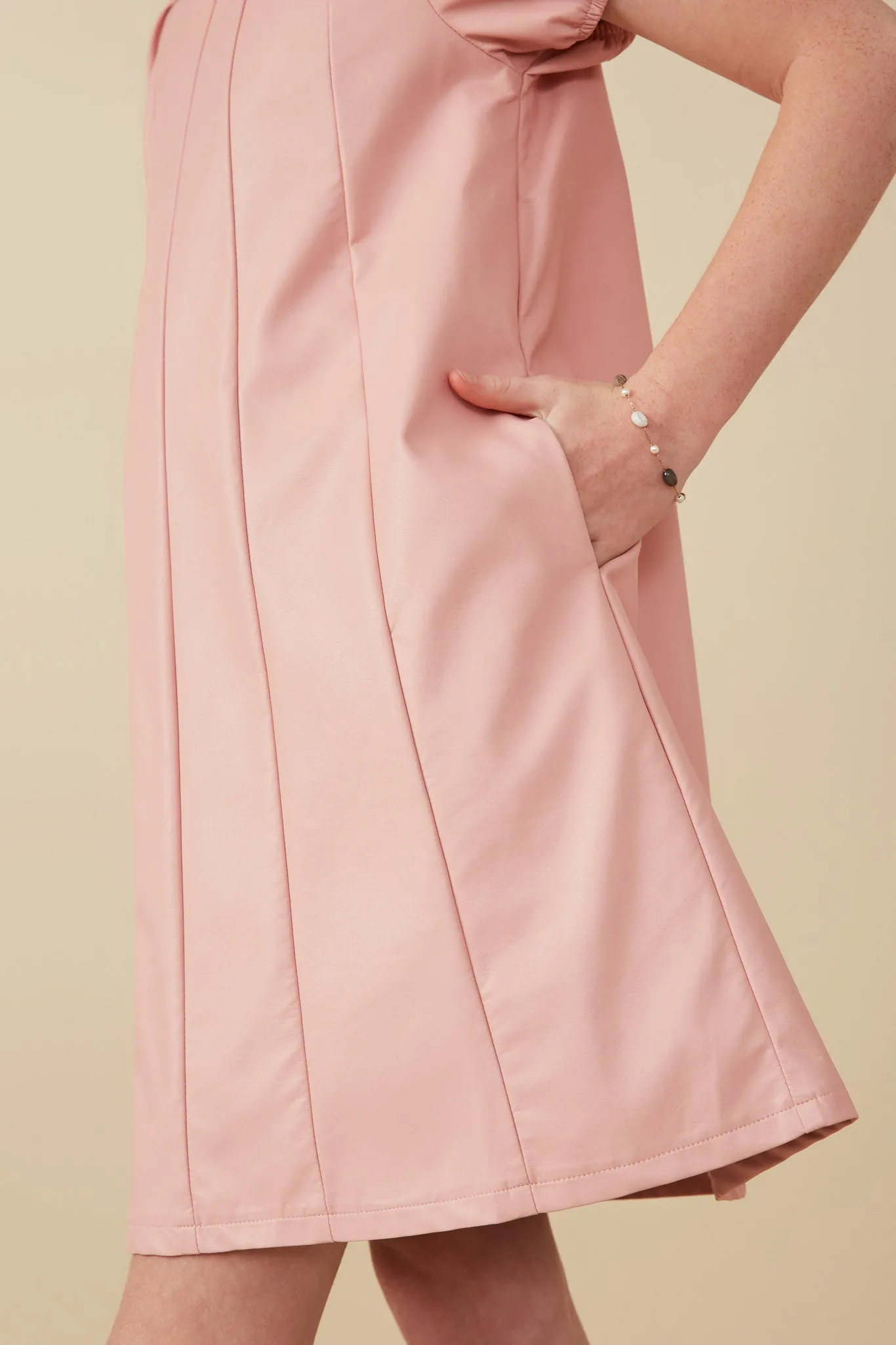 Puff Sleeve Pleat Detail Vegan Leather Dress