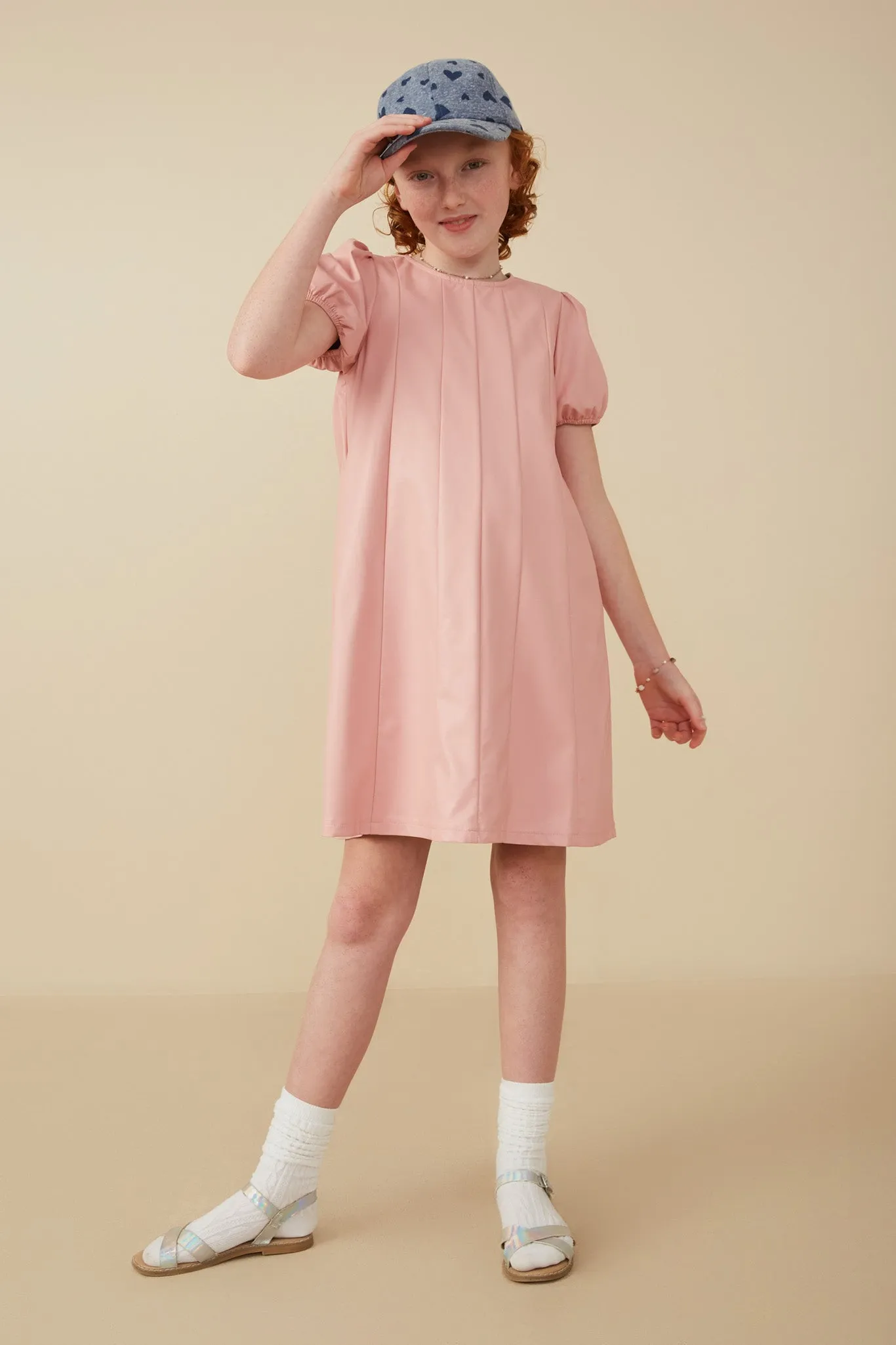 Puff Sleeve Pleat Detail Vegan Leather Dress