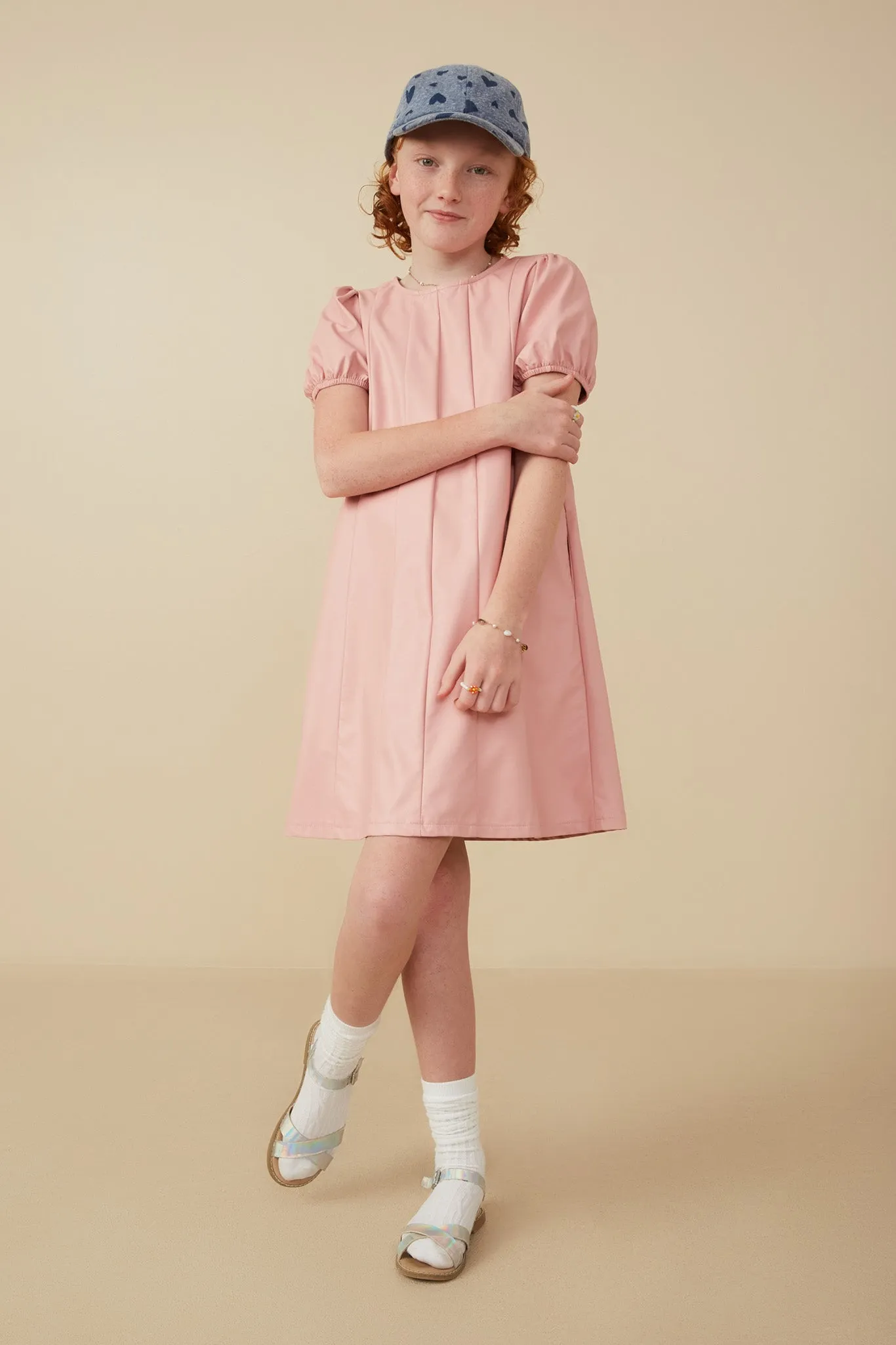 Puff Sleeve Pleat Detail Vegan Leather Dress