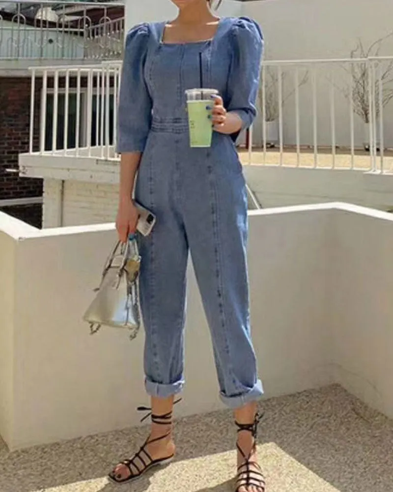Puff Sleeves Denim Jumpsuit Slim Waist Rompers