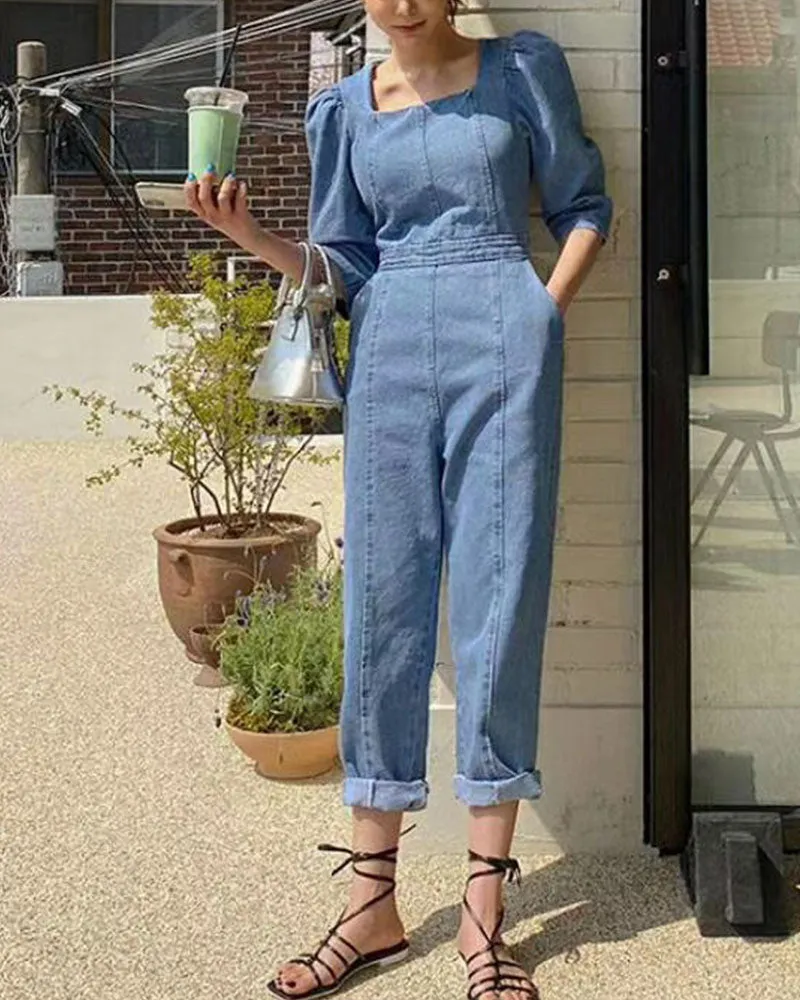 Puff Sleeves Denim Jumpsuit Slim Waist Rompers