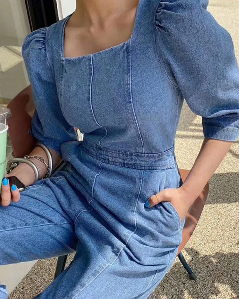 Puff Sleeves Denim Jumpsuit Slim Waist Rompers