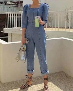 Puff Sleeves Denim Jumpsuit Slim Waist Rompers