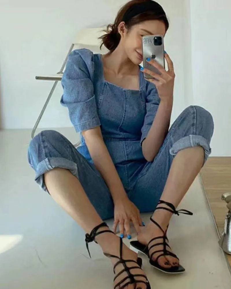 Puff Sleeves Denim Jumpsuit Slim Waist Rompers