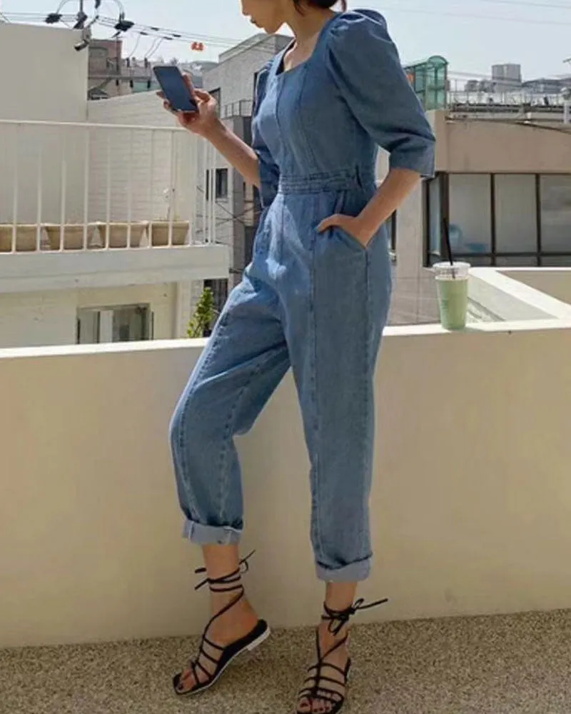 Puff Sleeves Denim Jumpsuit Slim Waist Rompers