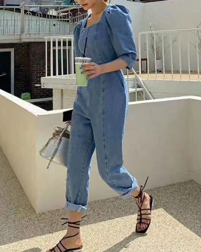 Puff Sleeves Denim Jumpsuit Slim Waist Rompers