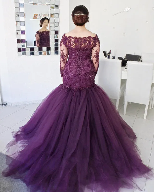 Purple Long Sleeves Plus Size Prom Dresses Lace Mermaid Formal Evening Gowns